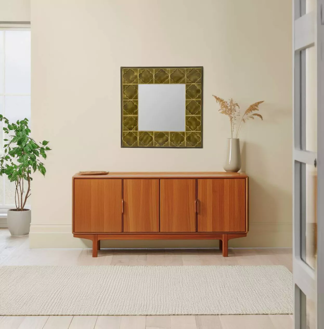 Miroir Carré Vintage : Faïence Émaillée et Cadre en Bois – Image 5