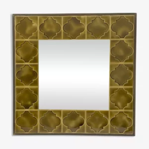 Miroir Carré Vintage : Faïence Émaillée et Cadre en Bois