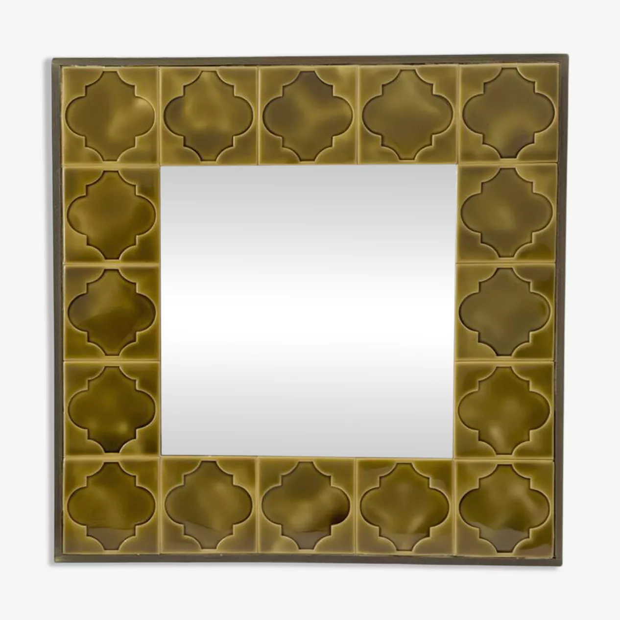 Miroir Carré Vintage : Faïence Émaillée et Cadre en Bois