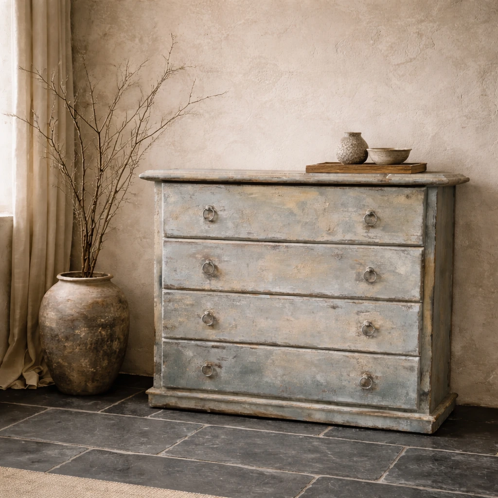 Commode en bois patiné beige et bleu – Image 10