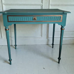 Petit Bureau Louis XVI Bleu Sarcelle et Bronze