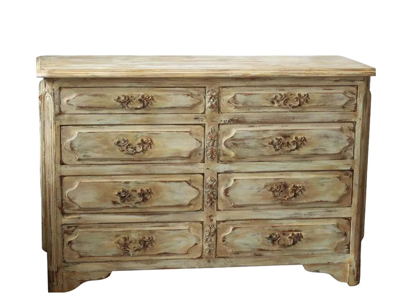 Commode ancienne de style Louis XV patinée beige et ocre